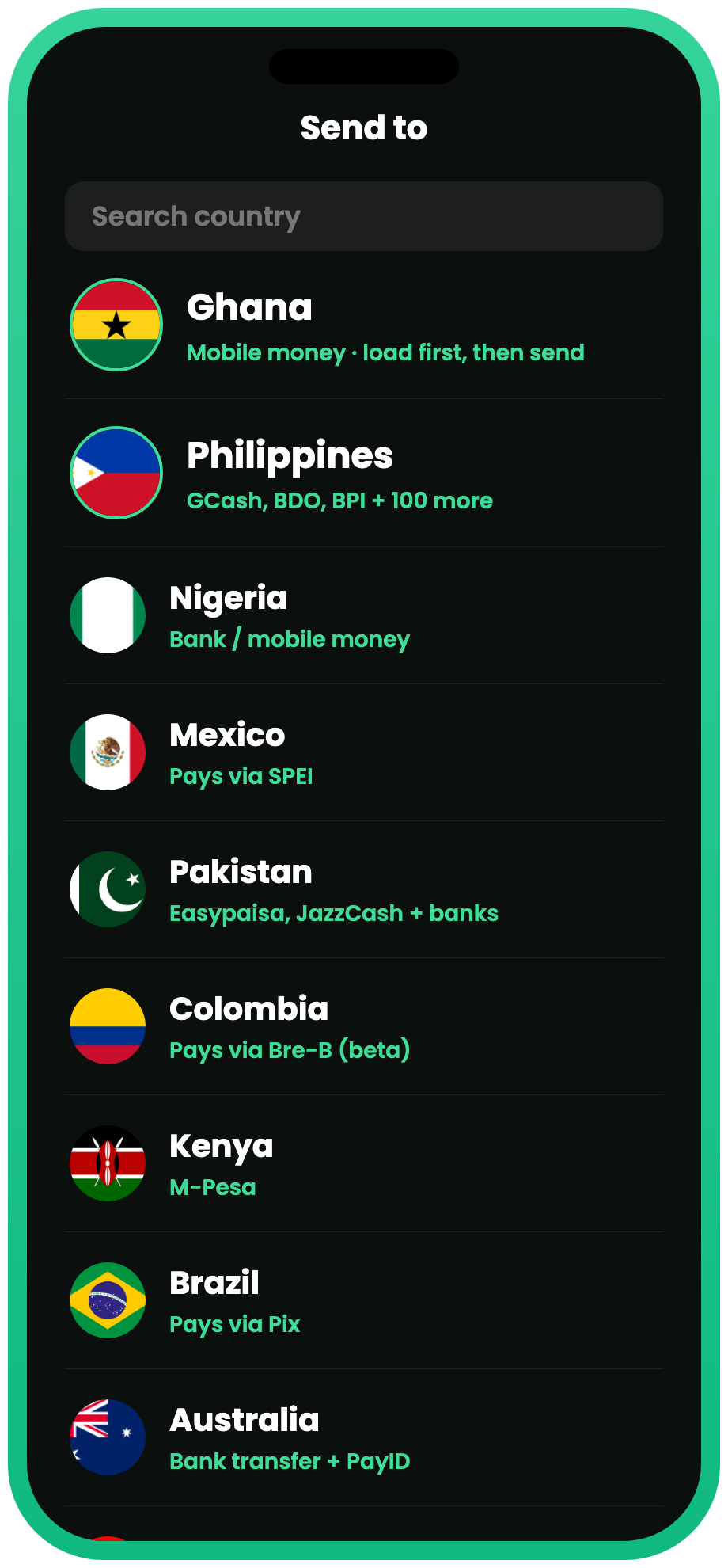 Choosing a destination country in the Monet app