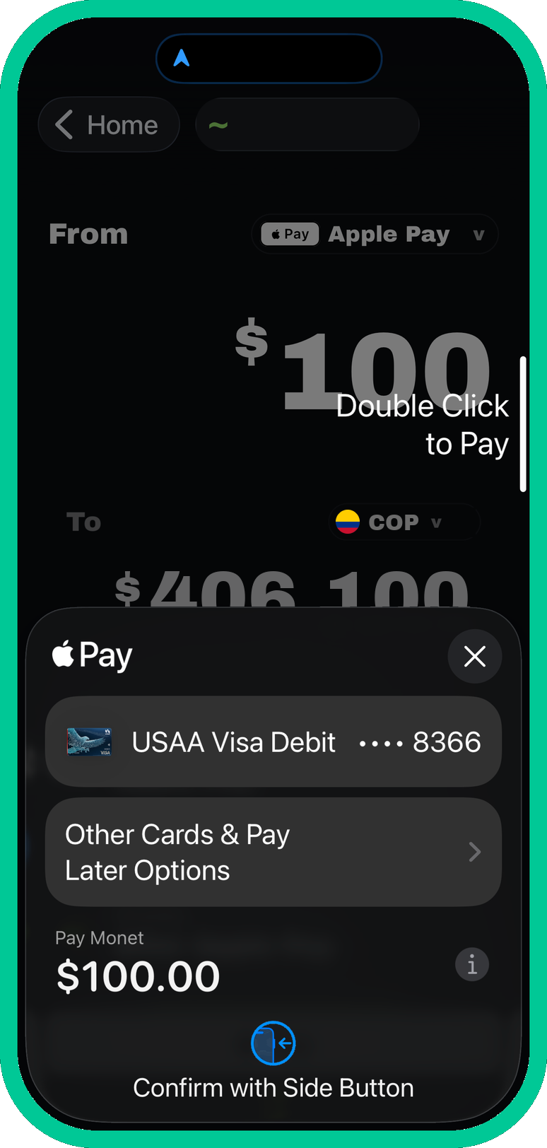Funding a transfer with Apple Pay in the Monet app