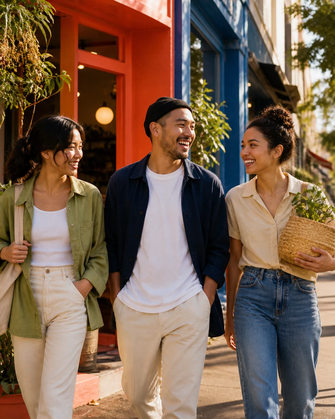 Friends and small-business owners walking together outside a neighborhood cafe