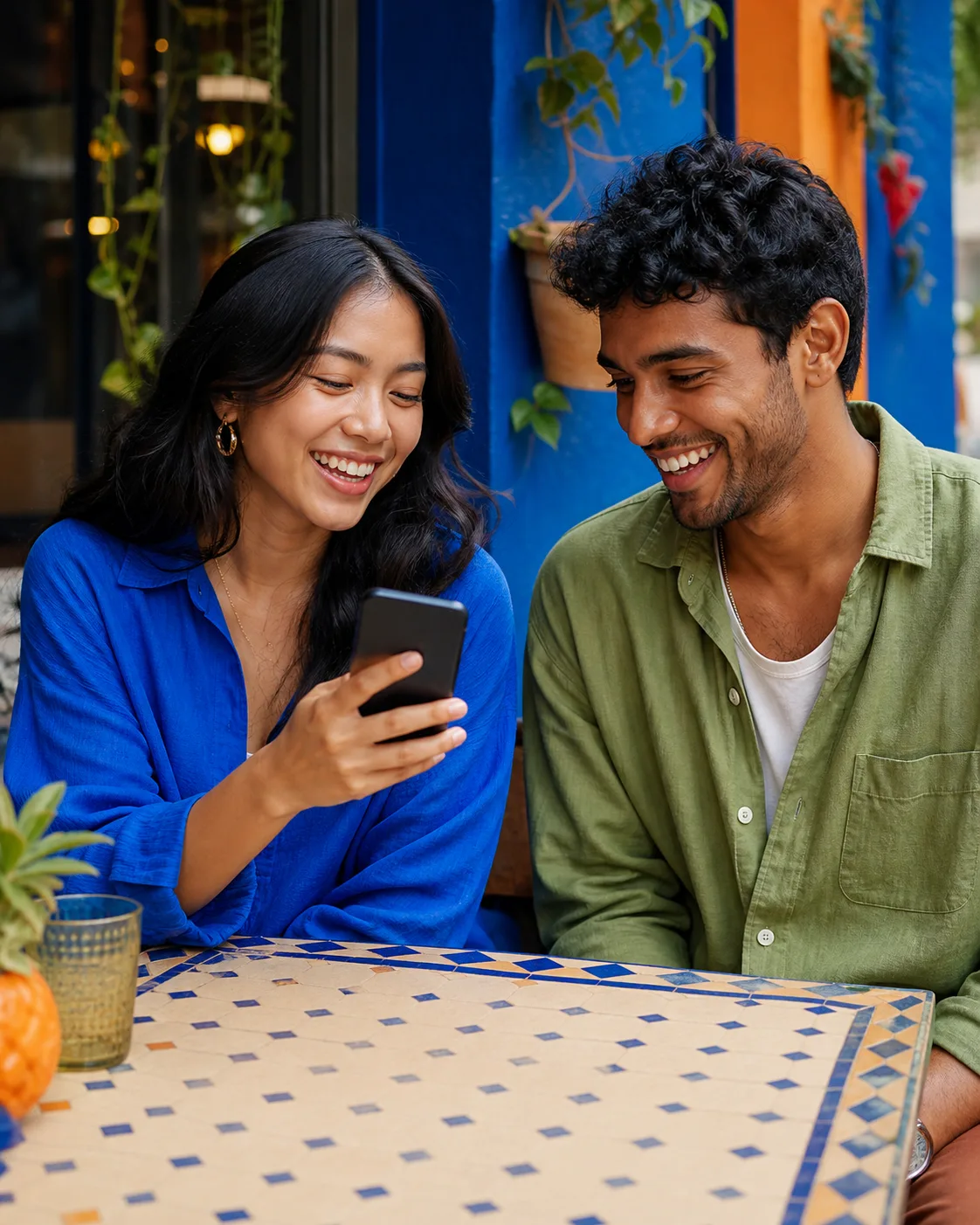 Two friends smiling together while checking a phone at a colorful cafe