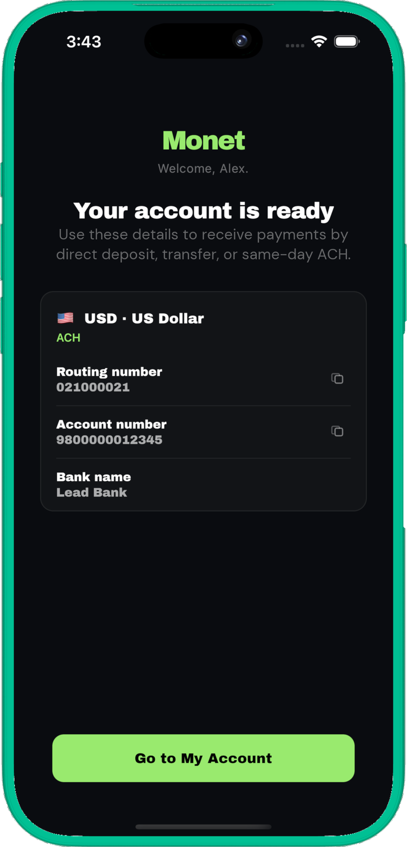 A Monet US account and routing number in the app